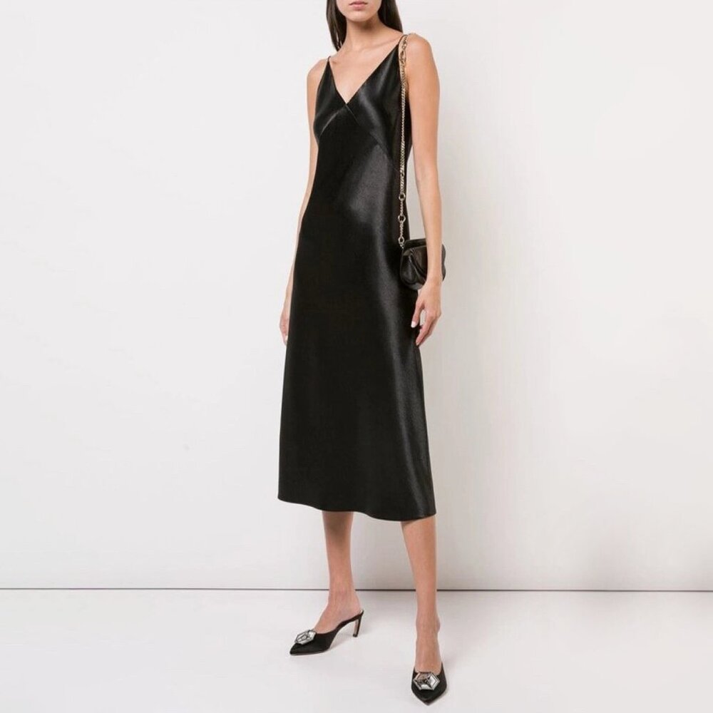 Vince Black Satin V-Neck Midi Slip Dress Slinky Formal Size M